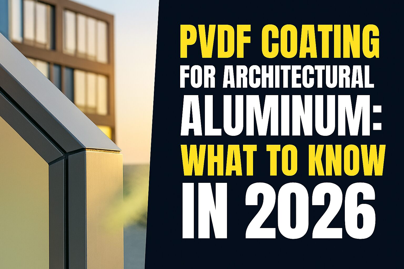 Modern architectural aluminum panels with PVDF coating reflecting sunlight, paired with blog title