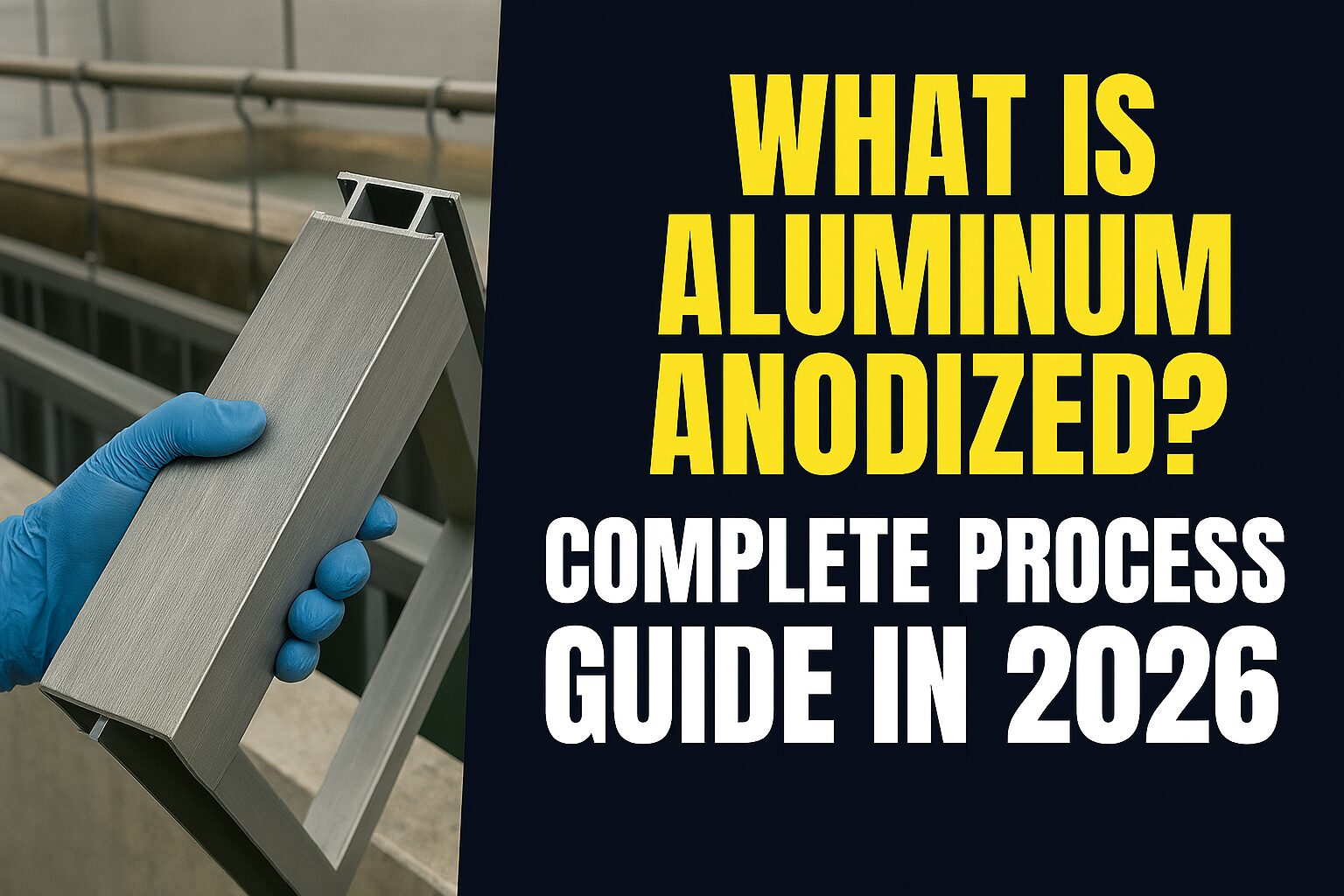 알루미늄 아노다이징 Close-up of gloved technician handling anodized aluminum profile with visible texture, paired with bold blog title overlay